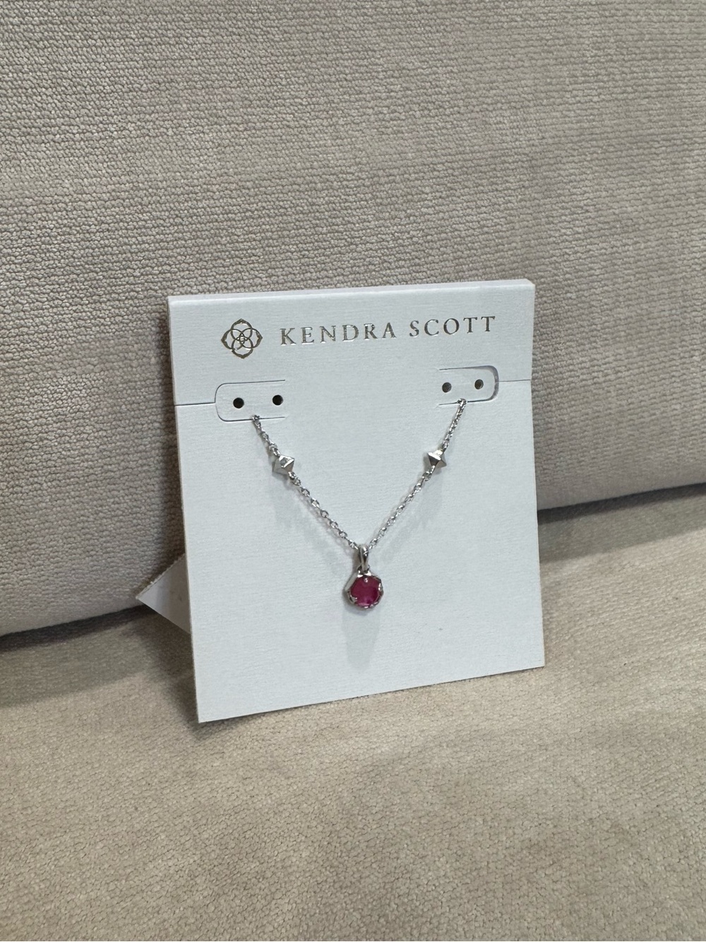 Kendra Scott Silver Necklace with Fuchsia Faceted Pendant